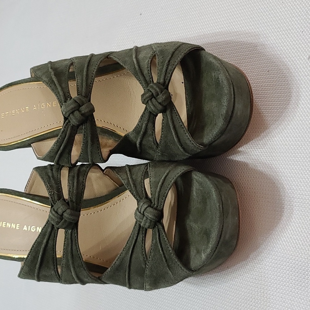 Etienne Aigner Womens Wedge Sandal Hunter Green Leather Knotted Straps Sz 8 NWOT - Picture 4 of 12